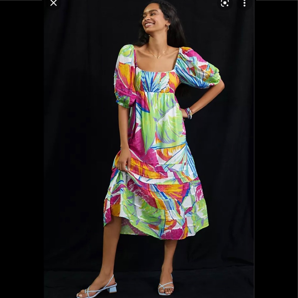 NWOT Farm rio rainbow leafs open back midi dress